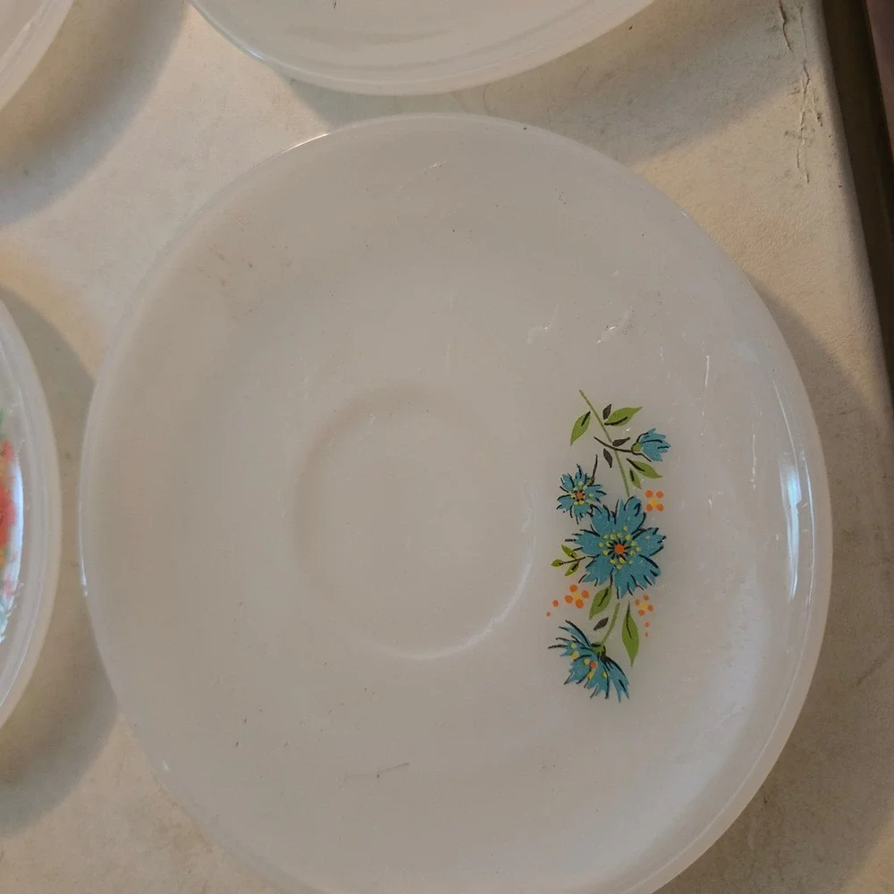 Vintage Anchor Hocking Fire King Milk Glass Floral Saucers Set of 4 Mixed Flower